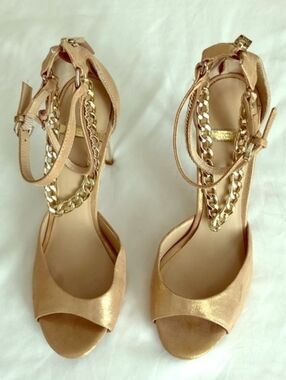 Marciano Metallic Gold Open-Toe Heels with Chain Ankle Strap